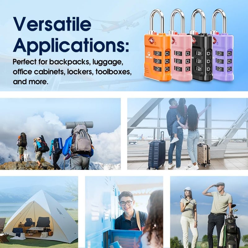 SURE LOCK أقفال TSA للأمتعة، أقفال أمتعة معتمدة من TSA مع تنبيه فتح، مفتاح 008 لأمان عالي، أقراص سهلة القراءة، جسم من سبائك الزنك، قفل خزانة للحقائب، صالة رياضية، سفر. (أسود 4 حزمة) - Image 4